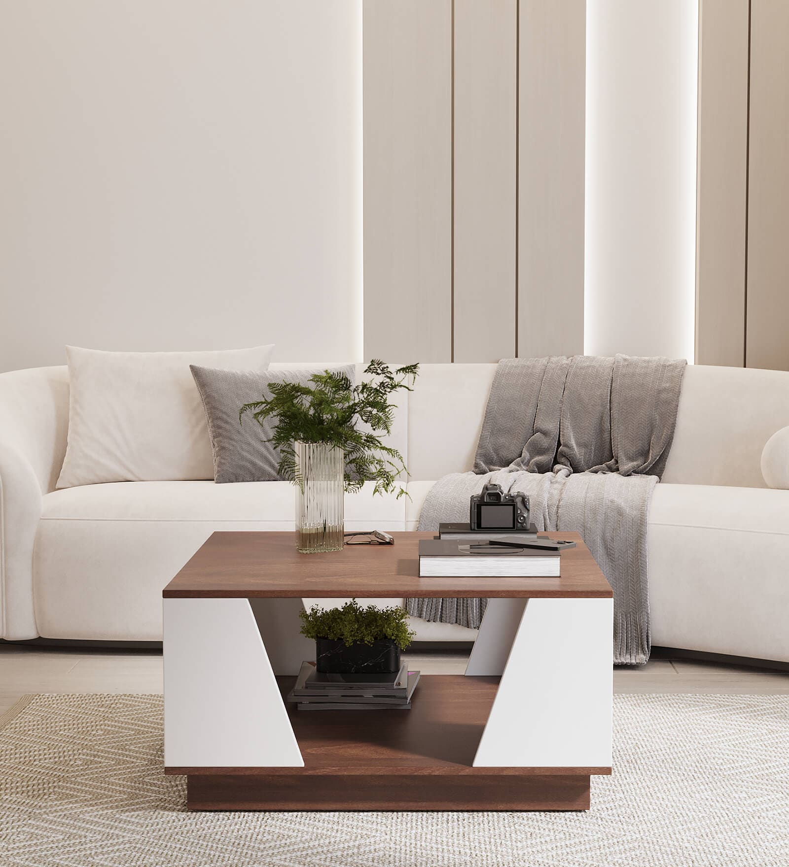 Inox Coffee Table In Columbian Walnut & Cold White Finish
