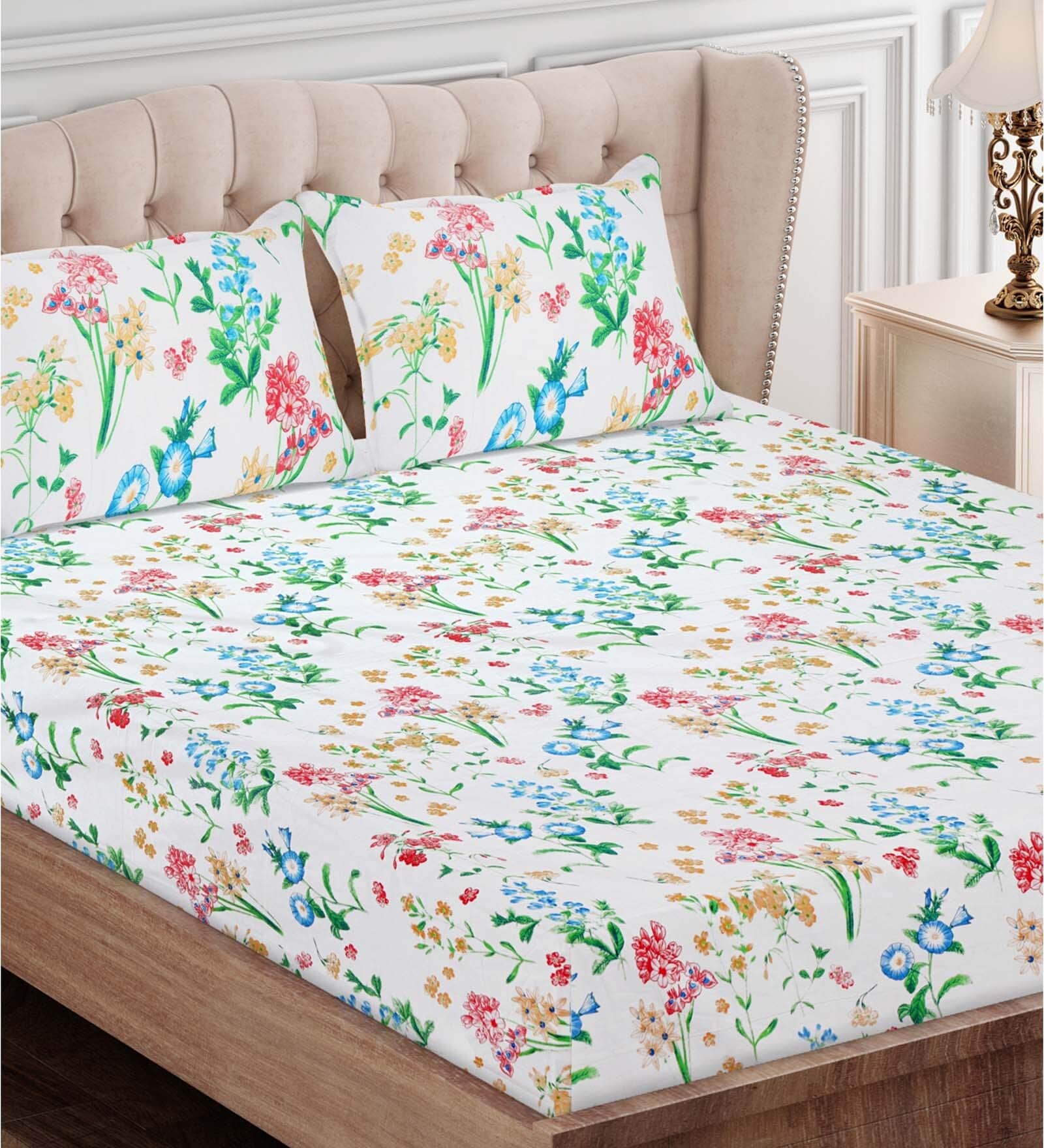 Blue Floral 160 TC Cotton Queen Sized Bed Sheets with 2 Pillow Covers