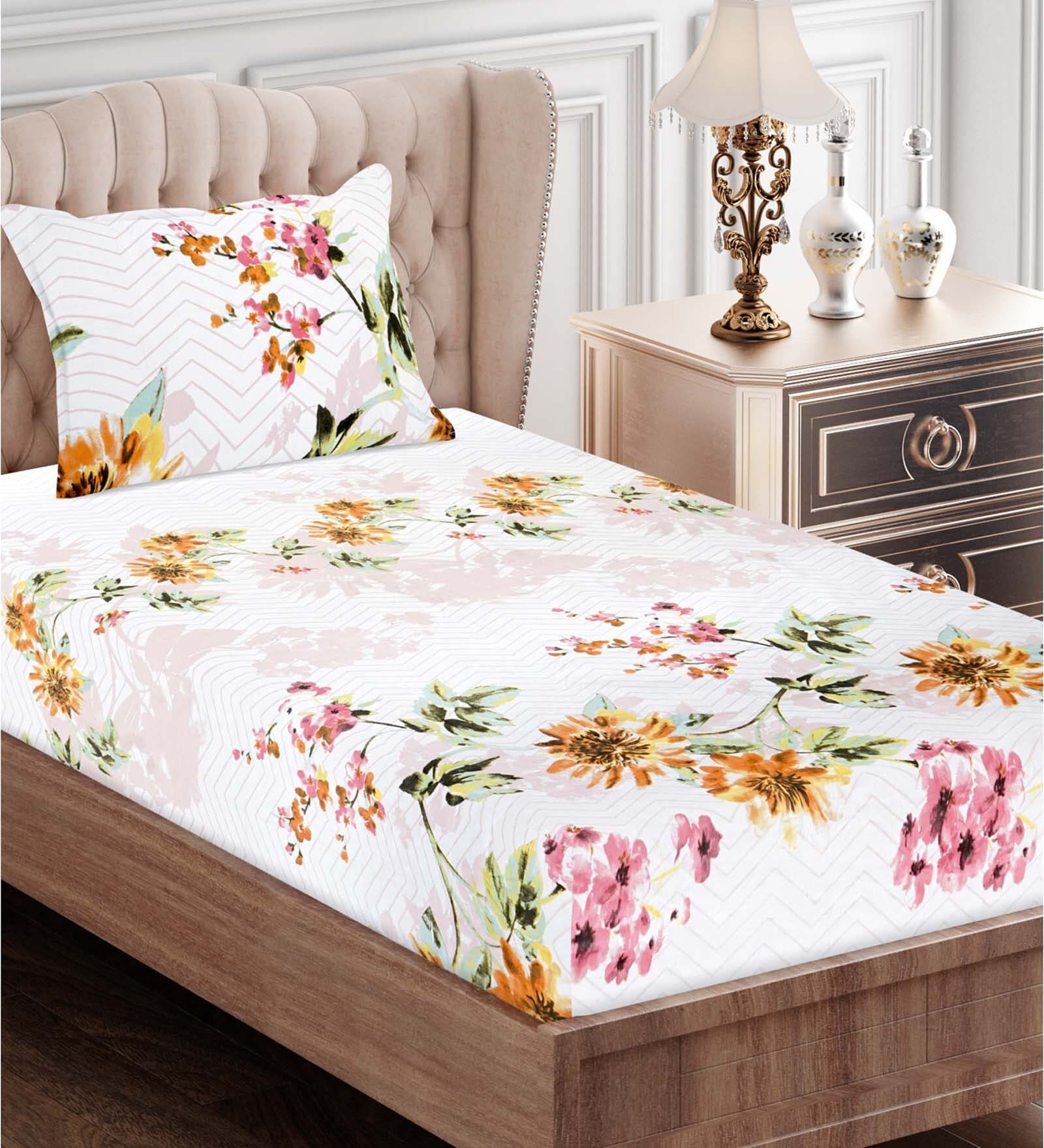 Brown Floral 160 TC Cotton Single Bed Sized Bed Sheets With 1 Pillow Cover