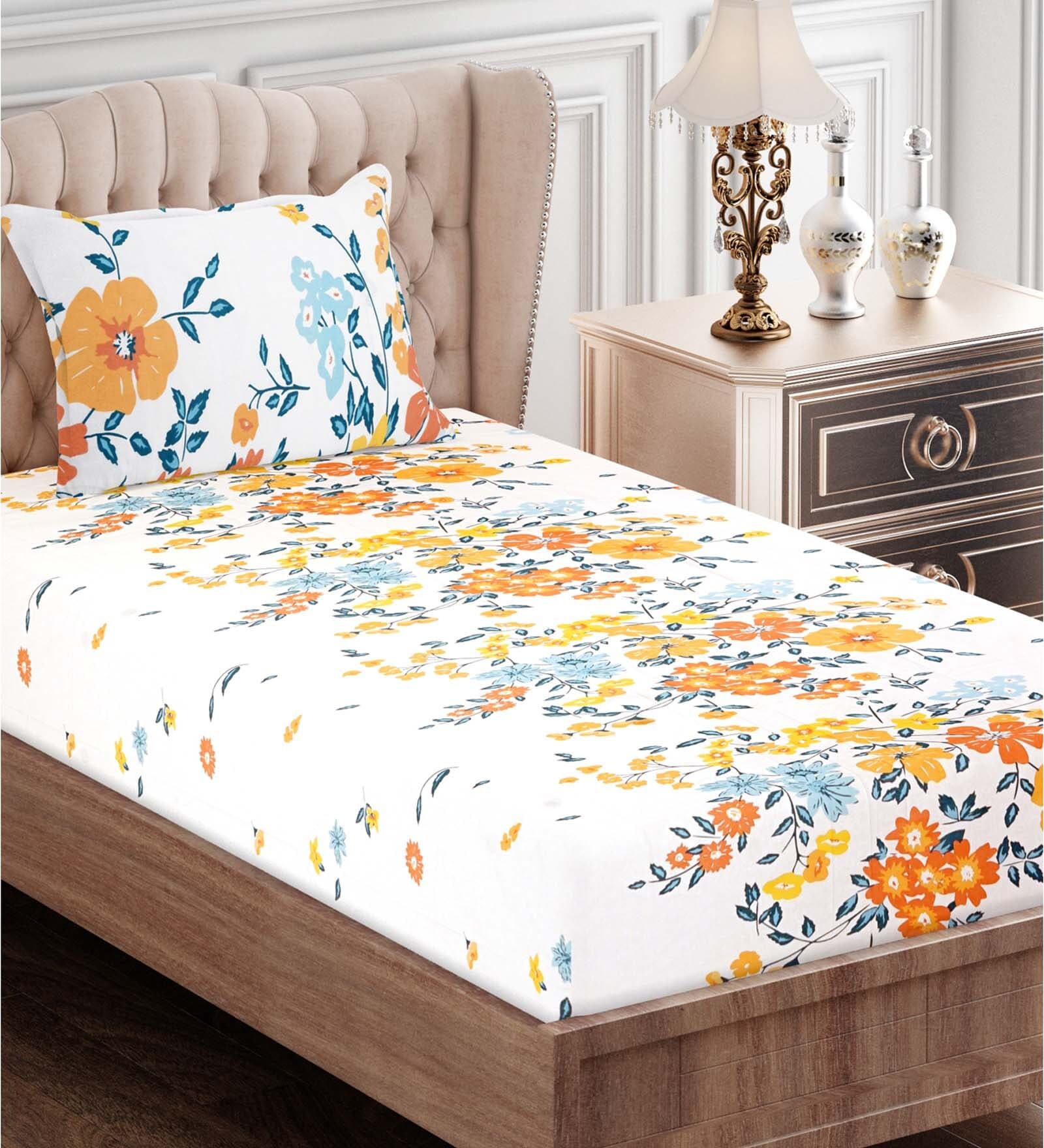 Buy Brown Floral 160 Tc Cotton Single Bed Sized Bed Sheets With 1