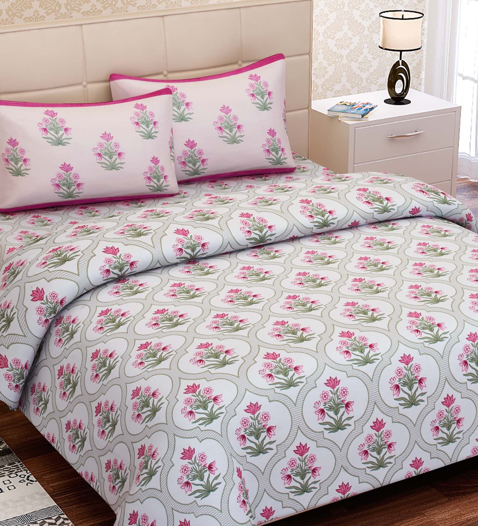 Pink Floral 160 TC Cotton Queen Sized Bed Sheets with 2 Pillow Covers