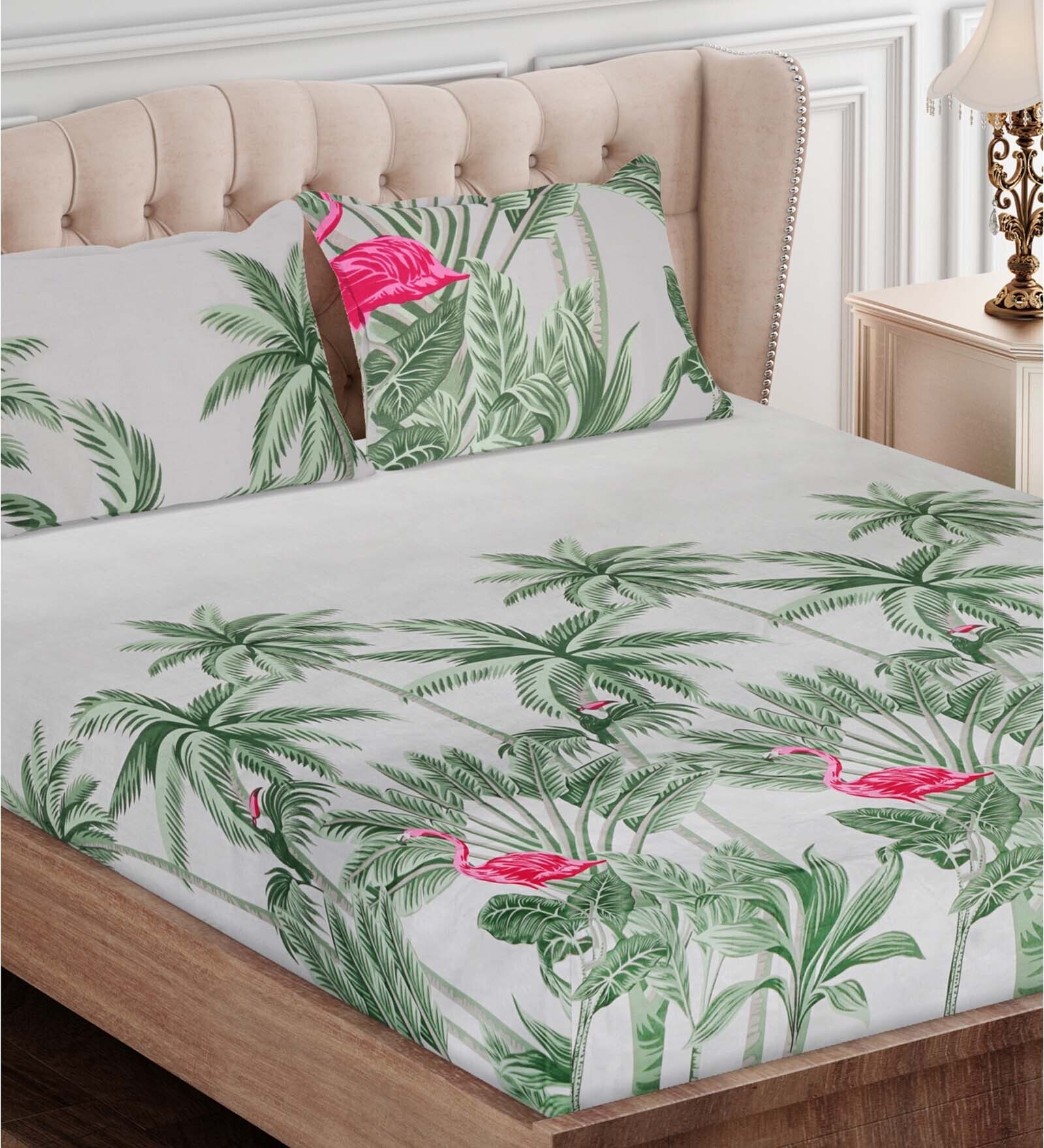 Green Floral 160 TC Cotton Queen Sized Bed Sheets with 2 Pillow Covers