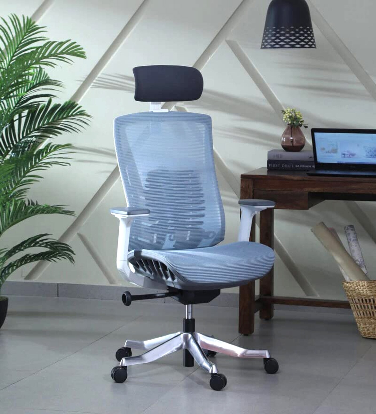 Inspire Breathable Mesh Ergonomic Chair in White & Blue Colour with Headrest