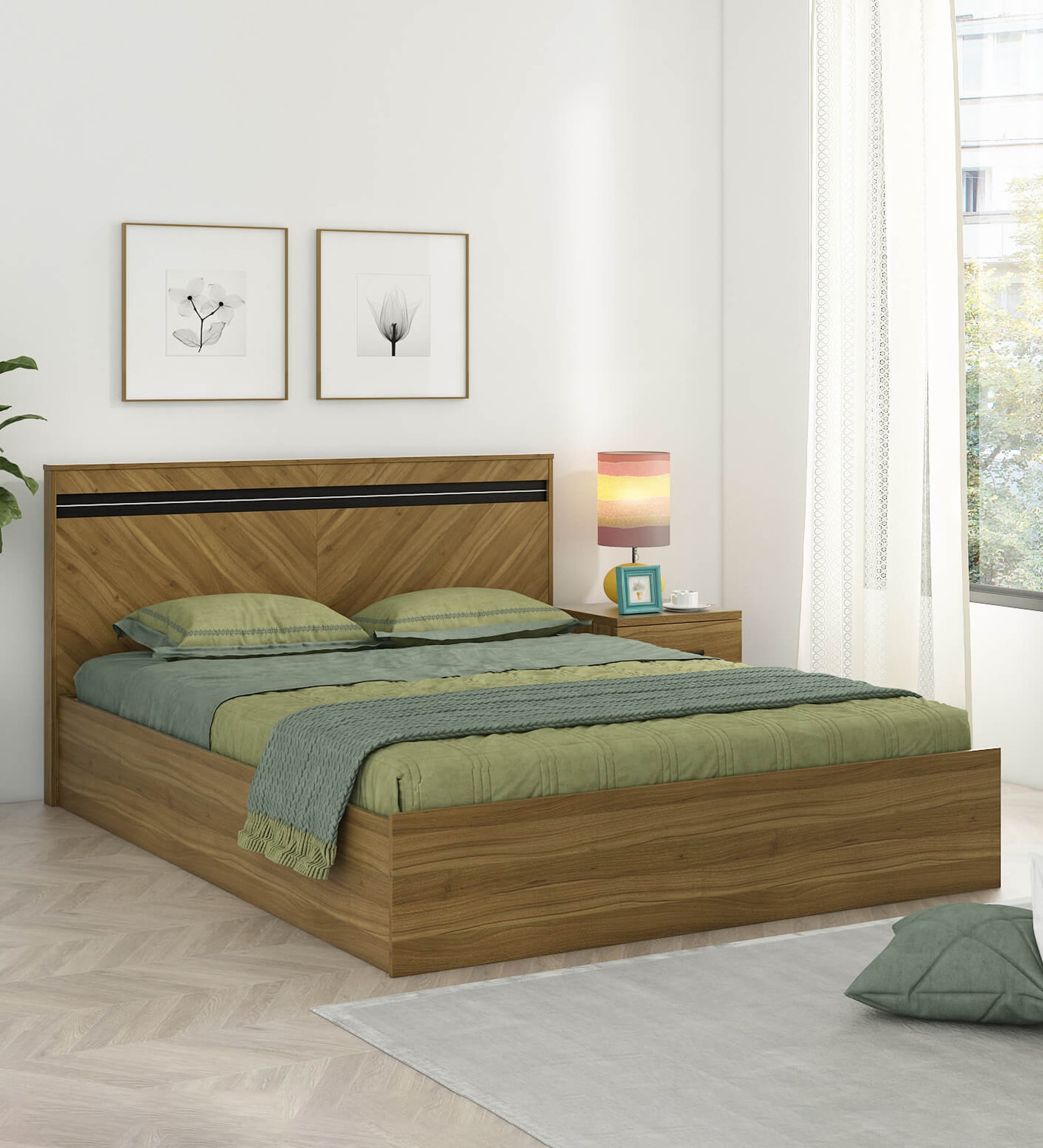 Inspire Queen Size Bed In Natural Teak & Wenge Melamine Finish With Box Storage