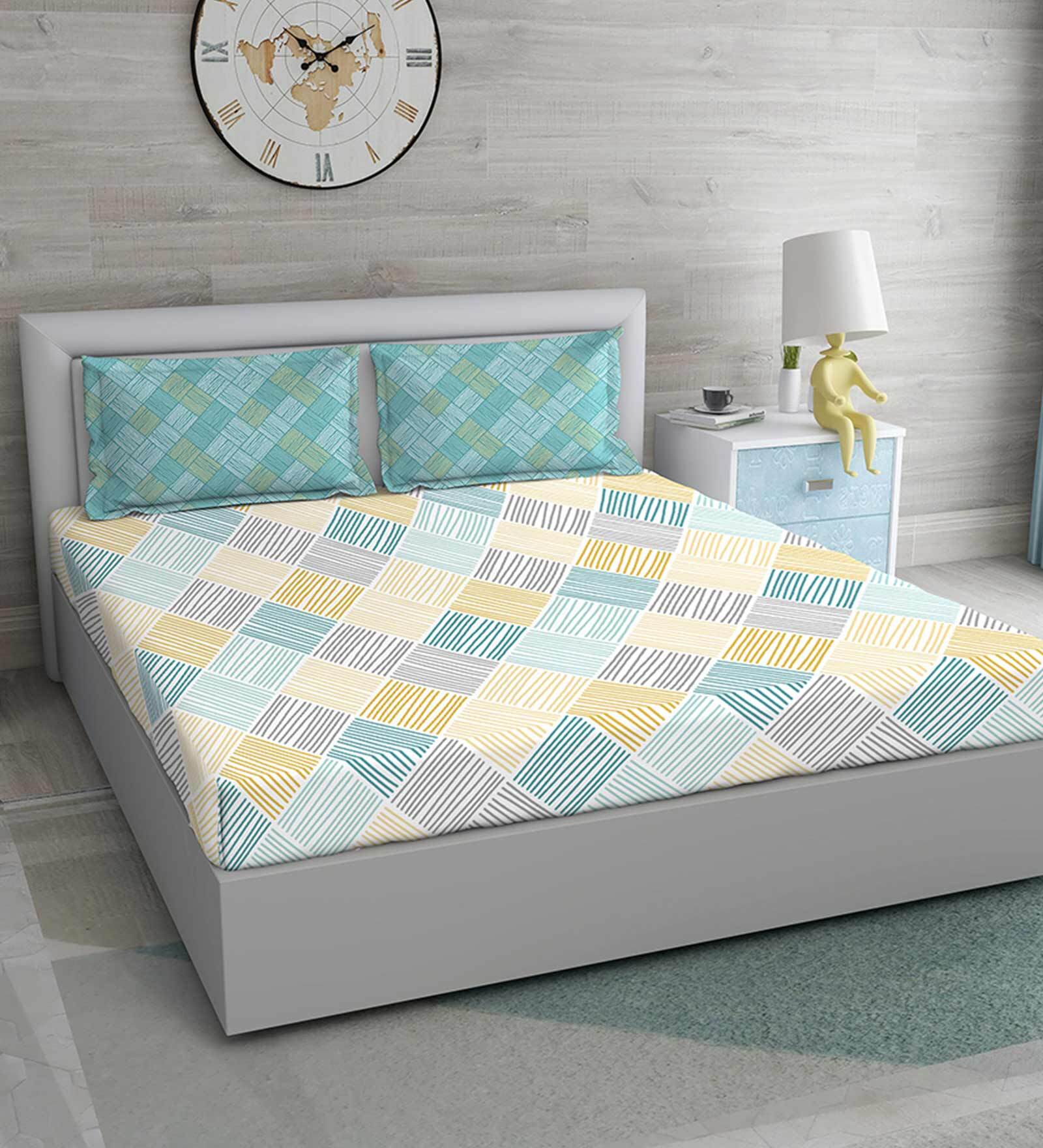 Interlace Cotton 144 TC Antibacterial Double Bedsheet with 2 Pillow Cover in Blue Color