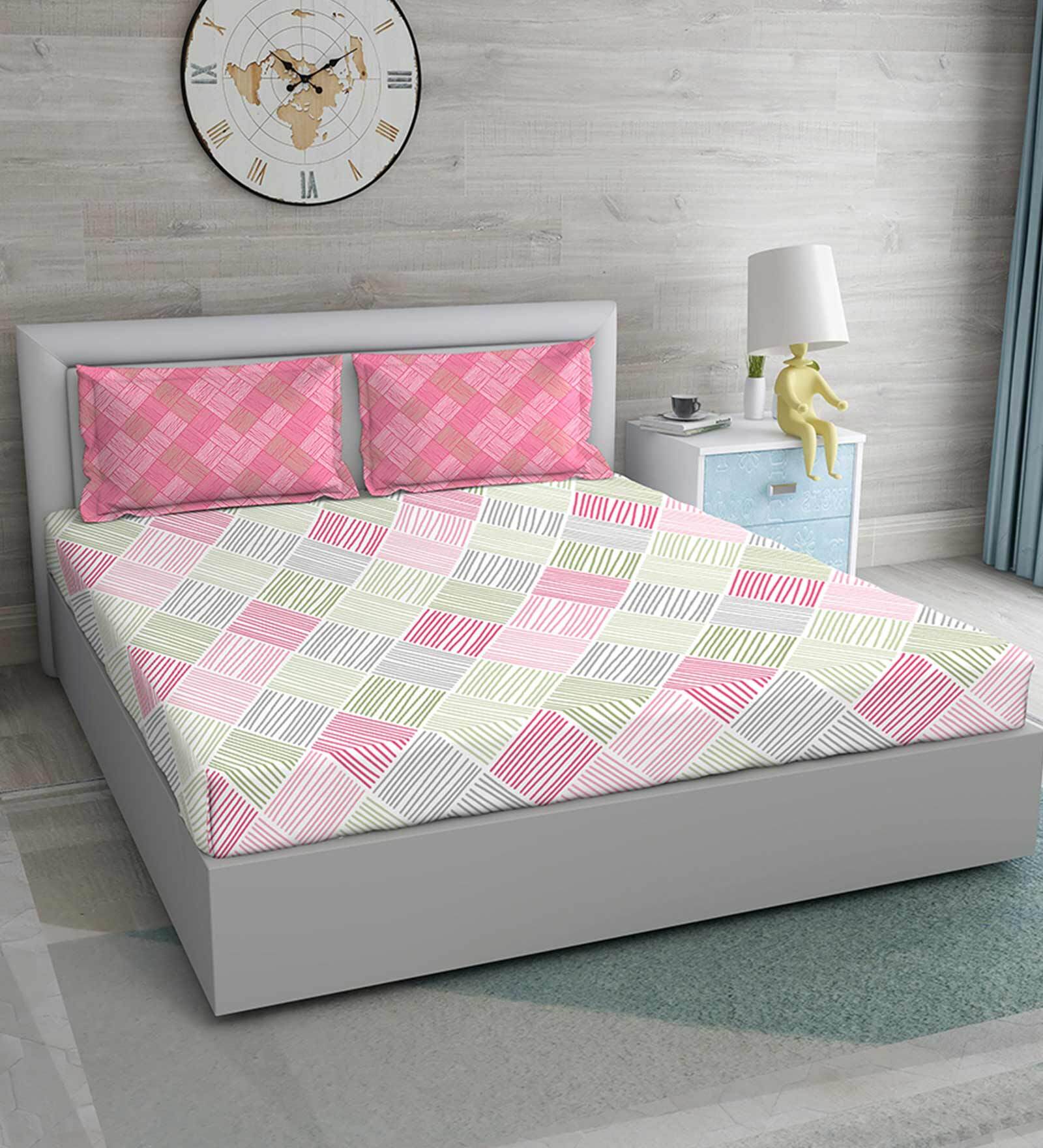 Interlace Cotton 144 TC Antibacterial Double Bedsheet with 2 Pillow Cover in Pink Color