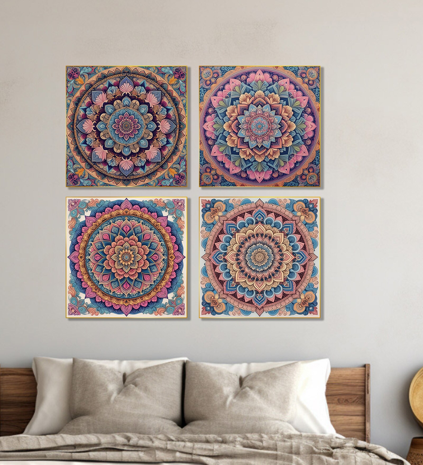 Mandala Flower Canvas Set Printed Wall Painting Set of 4 Gold Frame