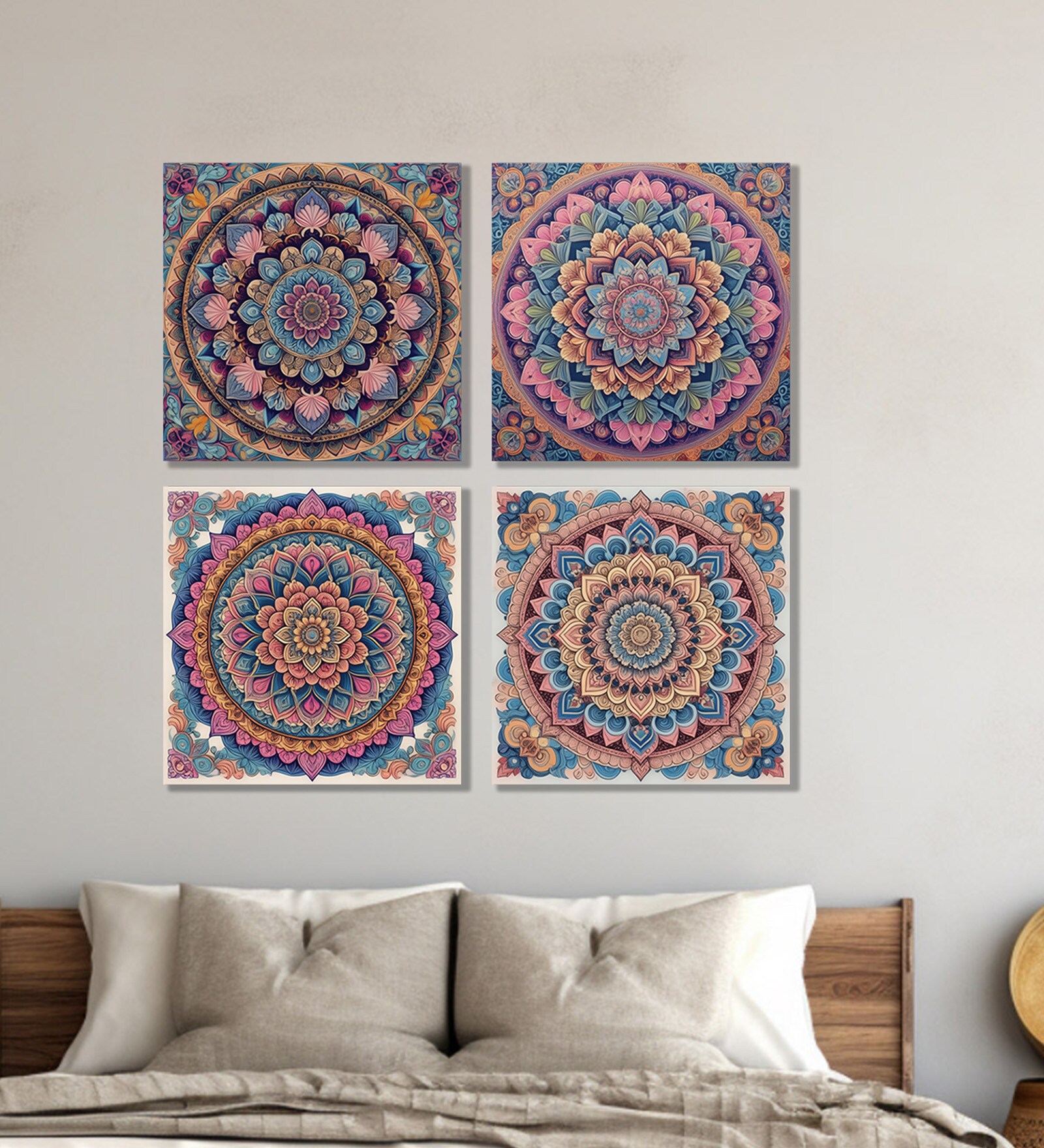Mandala Flower Canvas Set Printed Wall Painting Set of 4 Stretch Canvas Frame