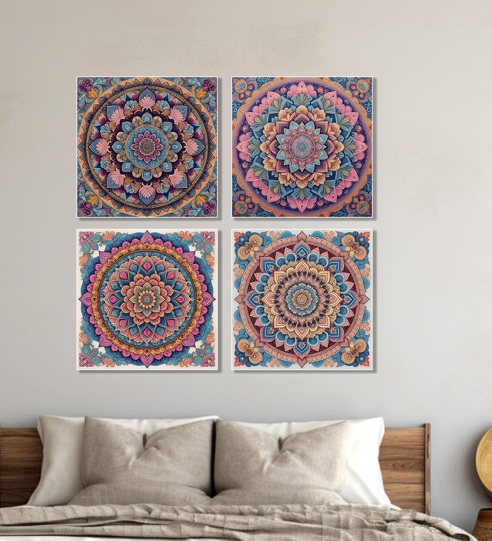 Mandala Flower Canvas Set Printed Wall Painting Set of 4 White Frame