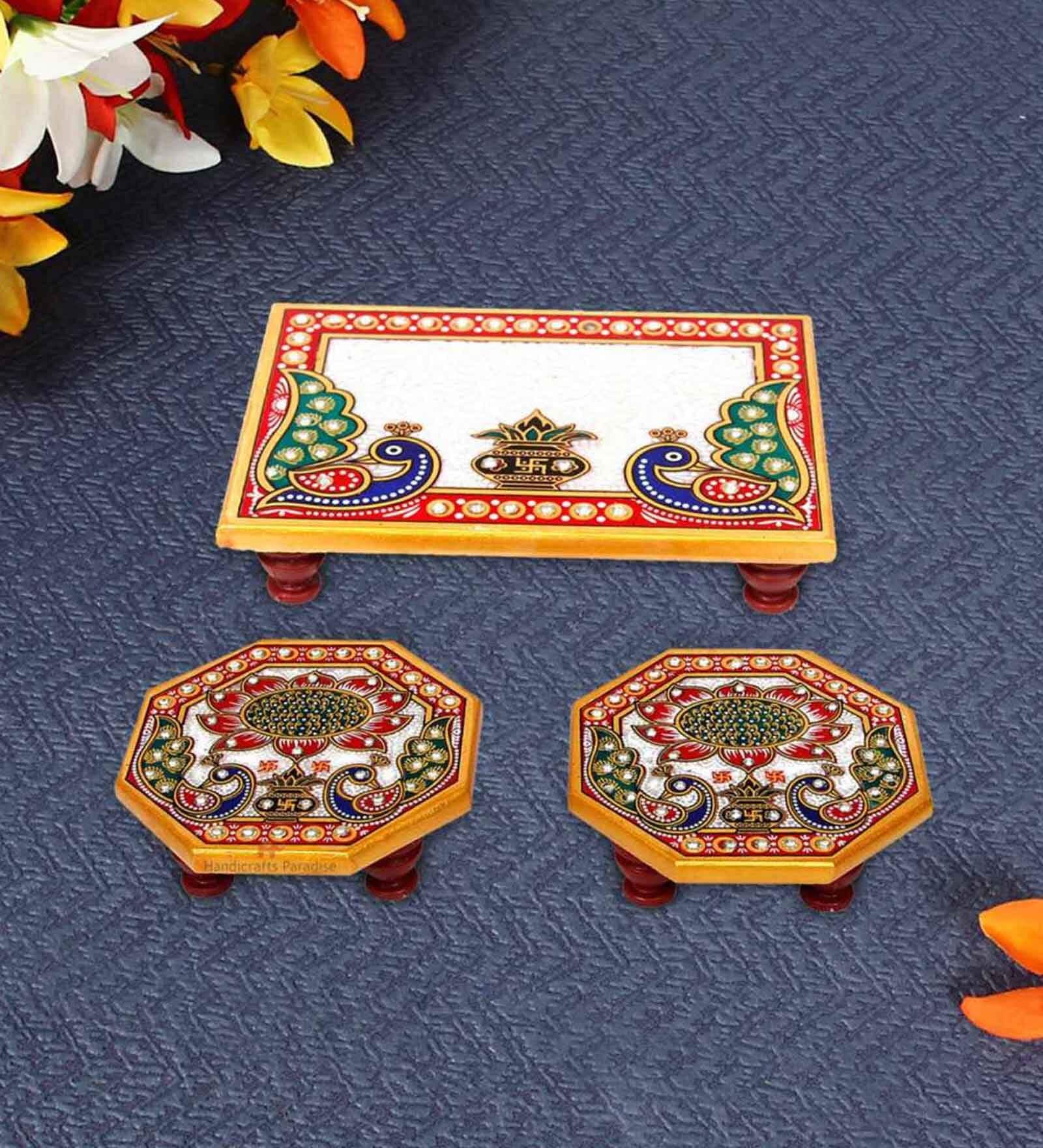 Intricate Multicolour Marble (Set of 3) Pooja Chowkie
