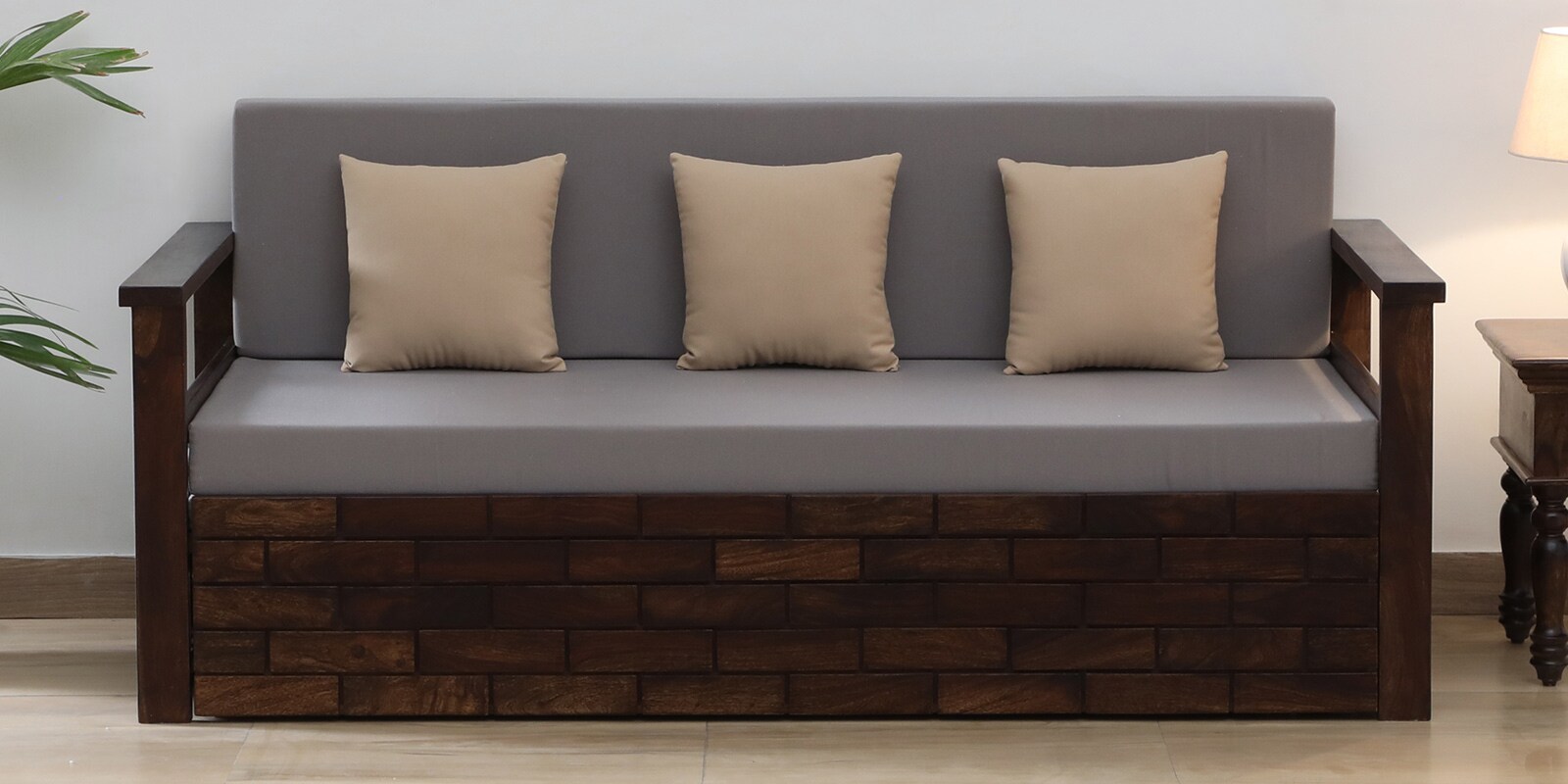 Indus Sheesham Wood Pull Out 3 Seater Sofa Cum Bed In Provincial Teak Finish with Storage Indus Sheesham Wood Pull Out 3 Seater Sofa Cum Bed In Provincial Teak Finish with Storage