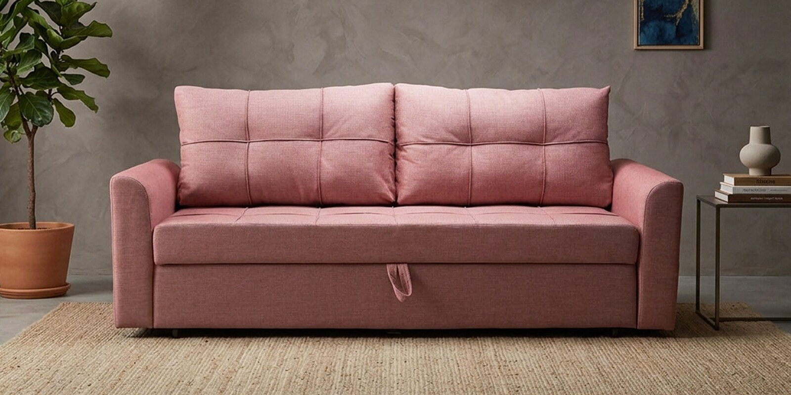 Ines Chenille Fabric Pull Out Sofa Cum Bed In Blush Colour With Storage