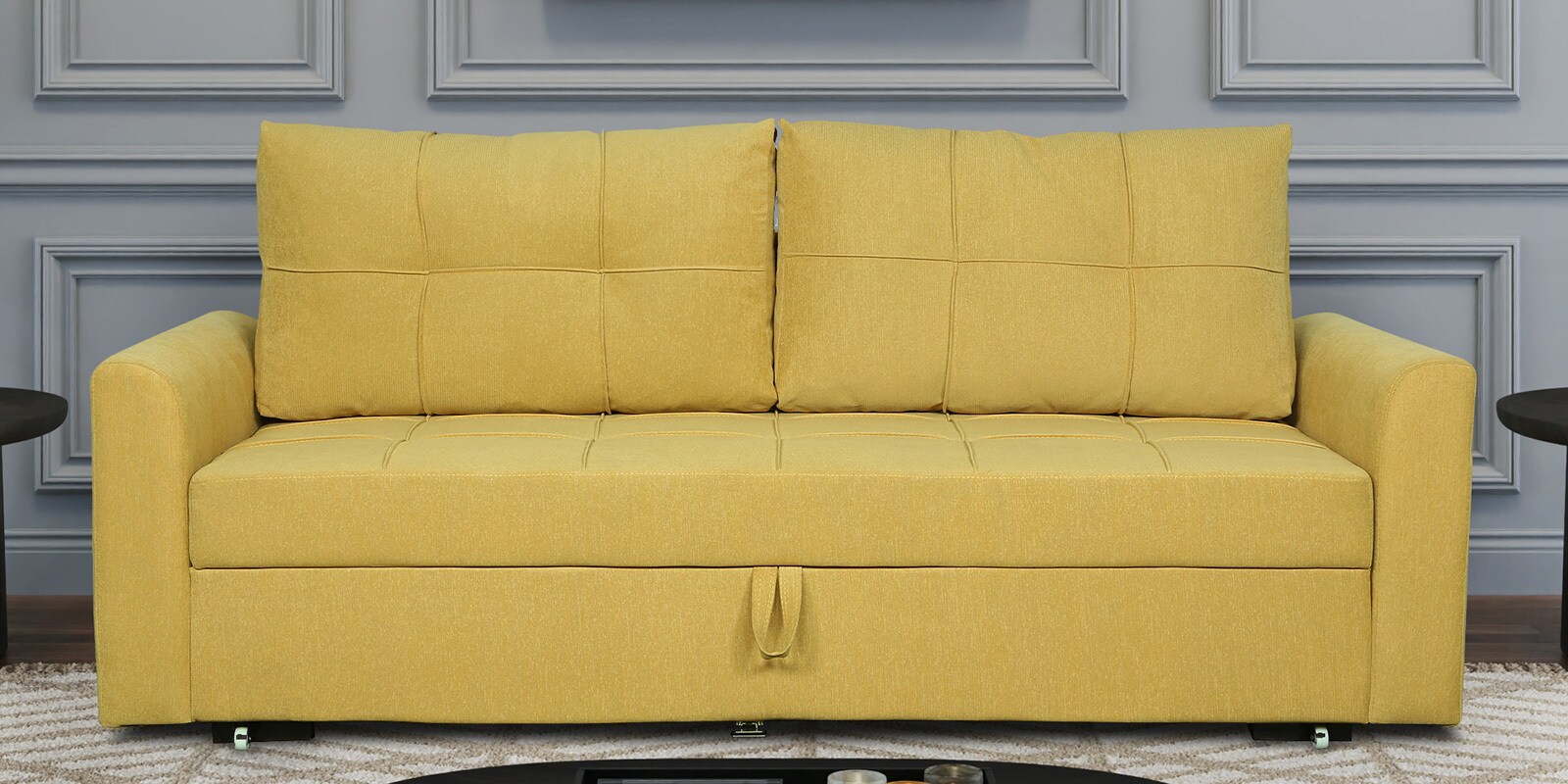 Ines Chenille Fabric Pull Out Sofa Cum Bed In Camel Yellow Colour With Storage
