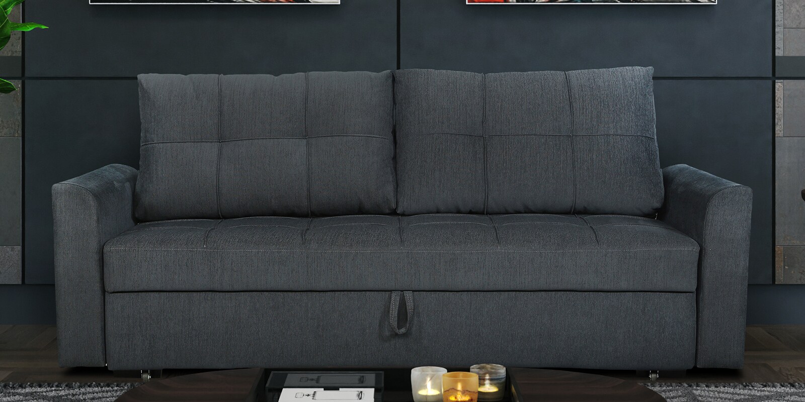 Ines Chenille Fabric Pull Out Sofa Cum Bed In Charcoal Grey Colour with Storage