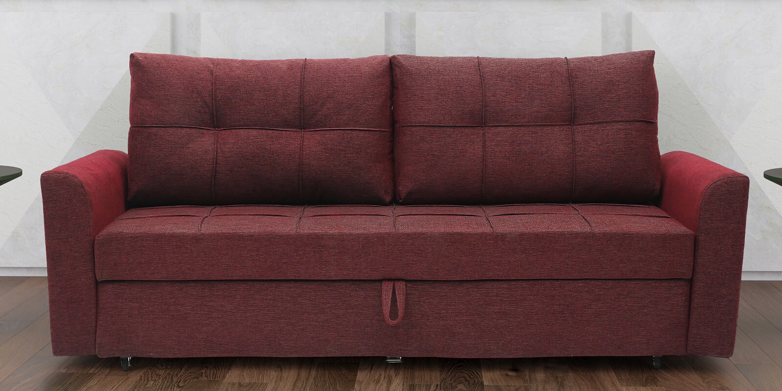 Ines Chenille Fabric Pull Out Sofa Cum Bed In Maroon Colour With Storage