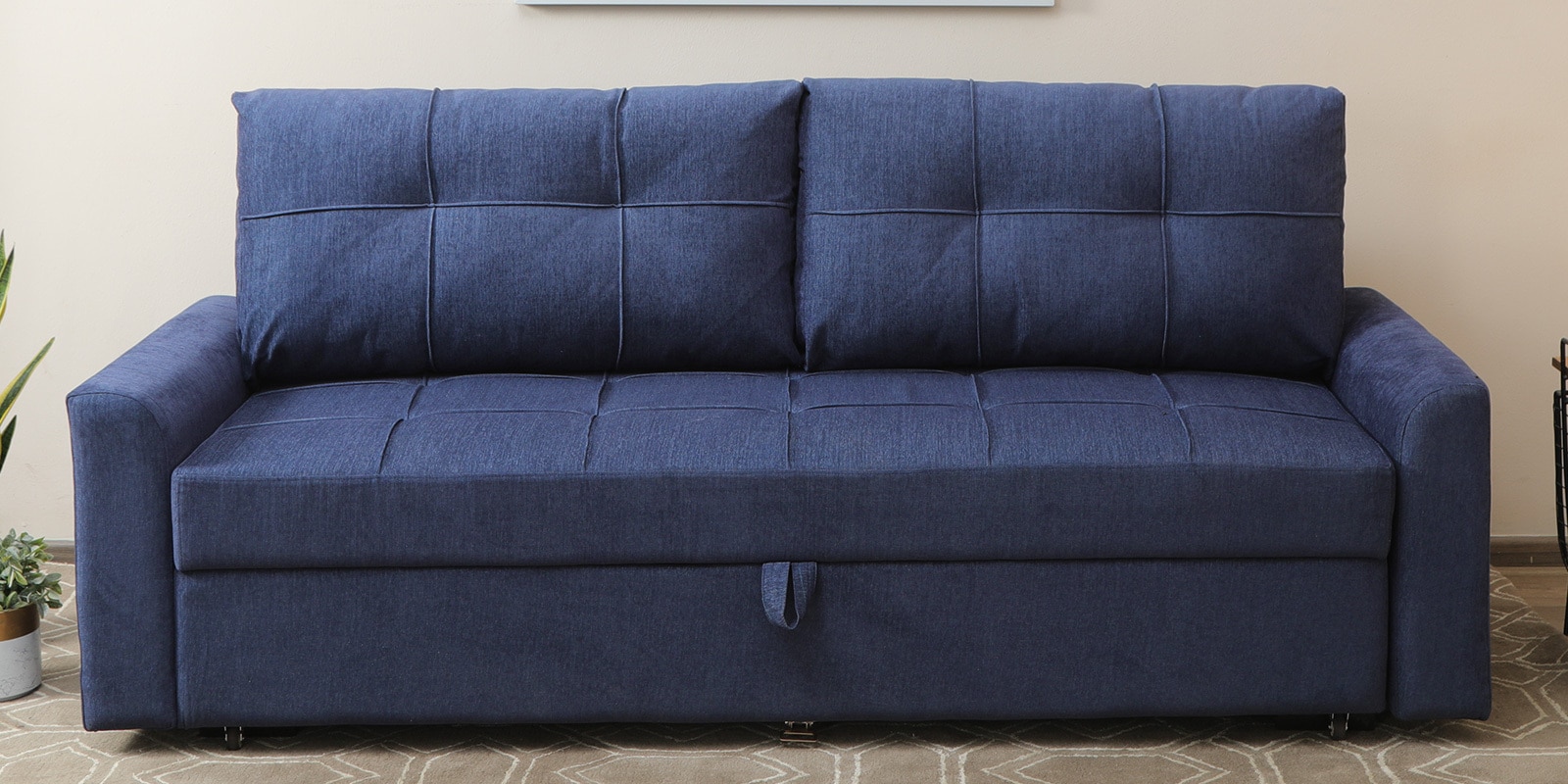 Ines Chenille Fabric Pull Out Sofa Cum Bed In Navy Blue Colour With Storage