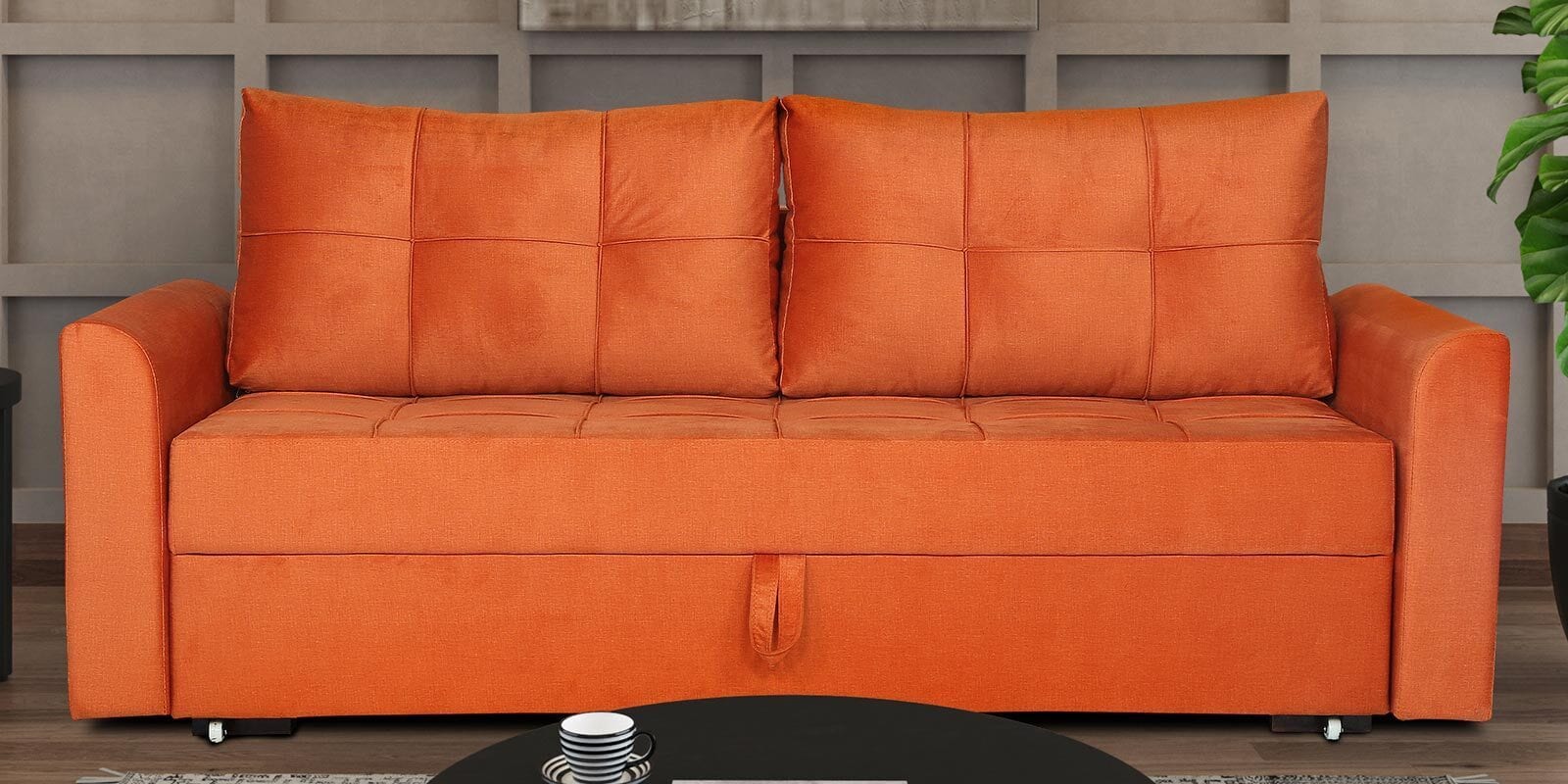 Ines Chenille Fabric Pull Out Sofa Cum Bed In Rust Colour with Storage