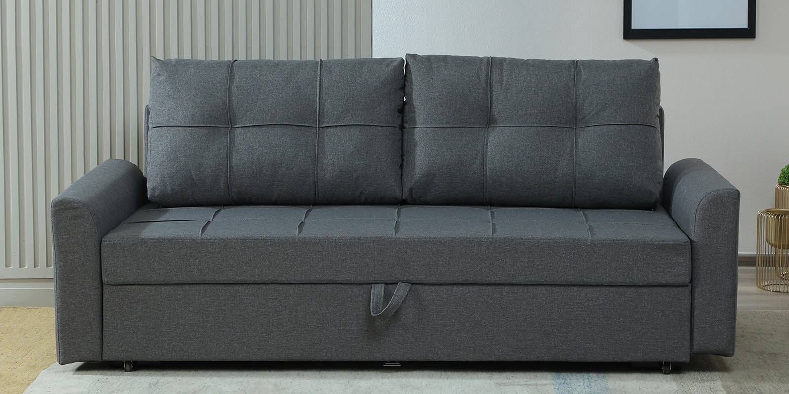 Ines Chenille Fabric Pull Out Sofa Cum Bed In Slate Grey Colour With Storage