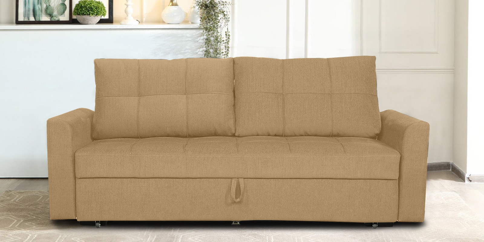 Ines Suede Fabric Pull Out Sofa Cum Bed In Beige Colour With Storage Ines Suede Fabric Pull Out Sofa Cum Bed In Beige Colour With Storage