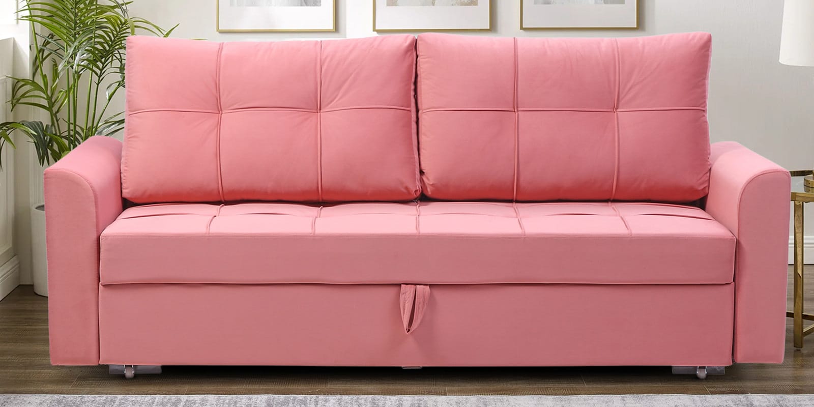 Ines Velvet Fabric Sofa Cum Bed With Storage in Blush Pink Color