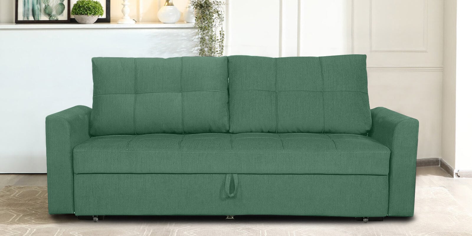 Ines Velvet Pull Out Sofa Cum Bed In Mint Green Colour With Storage Ines Velvet Pull Out Sofa Cum Bed In Mint Green Colour With Storage