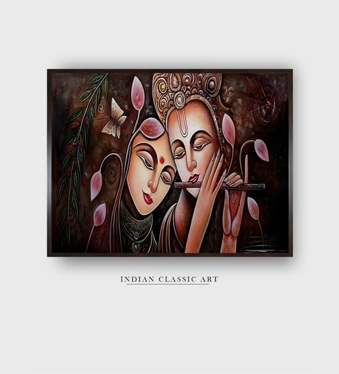 Pink Radha Krishna Canvas Framed Wall Painting