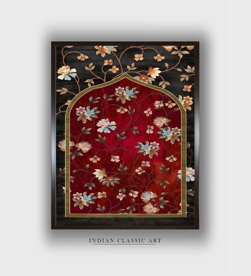 Green Floral Wooden Indian Royal Canvas Framed Wall Painting