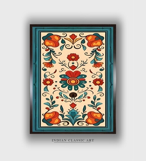 Blue Indian Floral Canvas Framed Wall Painting