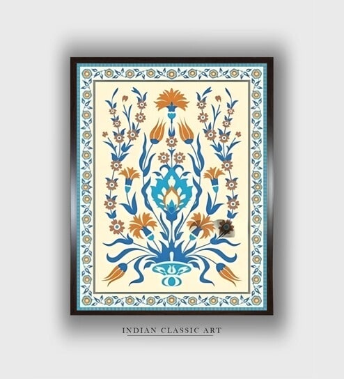 Blue Indian Floral Canvas Framed Wall Painting