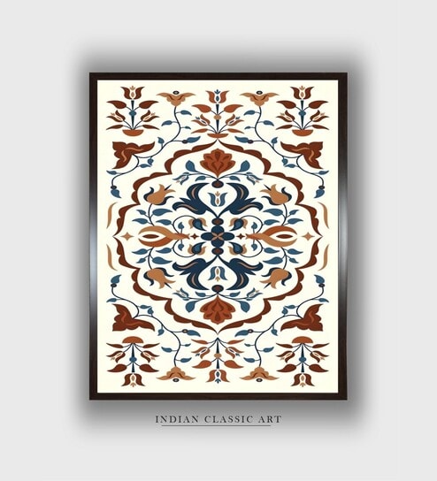 Blue Indian Floral Canvas Framed Wall Painting
