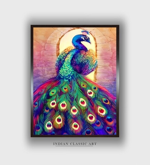Orange Colored Green Peacock Canvas Framed Wall Painting