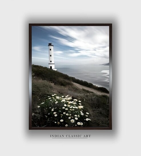 Lighthouse With Flowers Coastal Canvas Framed Wall Painting