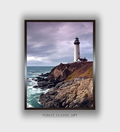 Lighthouse With Flowers Coastal Canvas Framed Wall Painting