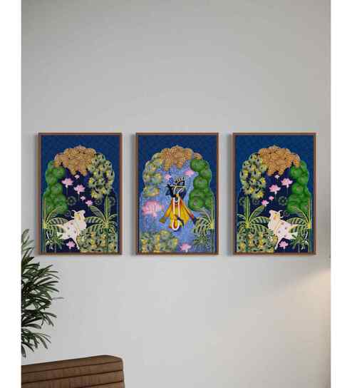 Indian Colorful Krishna Pichwai Wall Canvas Painting - Set of 3