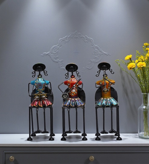 Set Of 3 Indian Handmade Metal Musician Women Sitting With Hanging Legs For Wall Mount Hanging Artwork