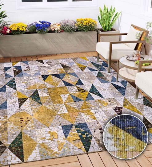 Indigo Geometric Polyester 4' X 6' Machine Made Carpet