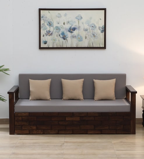 Indus Sheesham Wood Pull Out 3 Seater Sofa Cum Bed In Provincial Teak Finish with Storage
