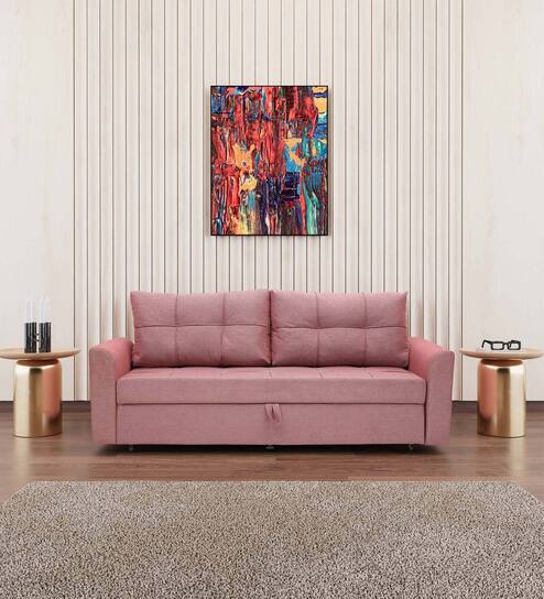 Ines Chenille Fabric Pull Out Sofa Cum Bed In Blush Colour With Storage