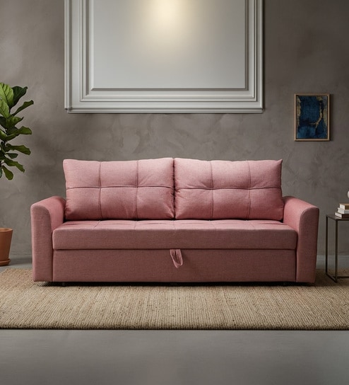 Ines Chenille Fabric Pull Out Sofa Cum Bed In Blush Colour With Storage