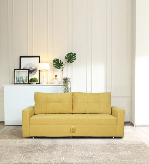 Ines Chenille Fabric Pull Out Sofa Cum Bed In Camel Yellow Colour With Storage