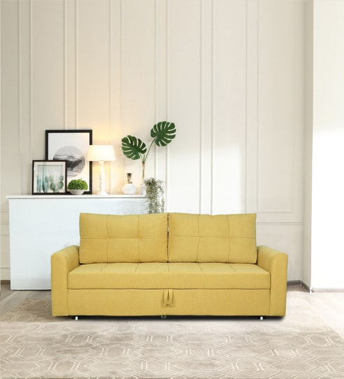 Ines Chenille Fabric Pull Out Sofa Cum Bed In Camel Yellow Colour With Storage