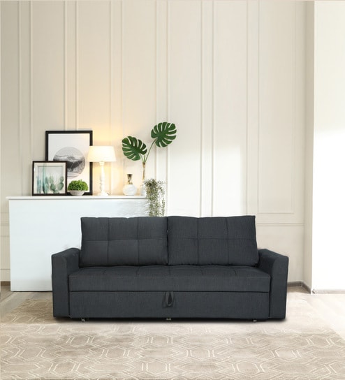 Ines Chenille Fabric Pull Out Sofa Cum Bed In Charcoal Grey Colour with Storage