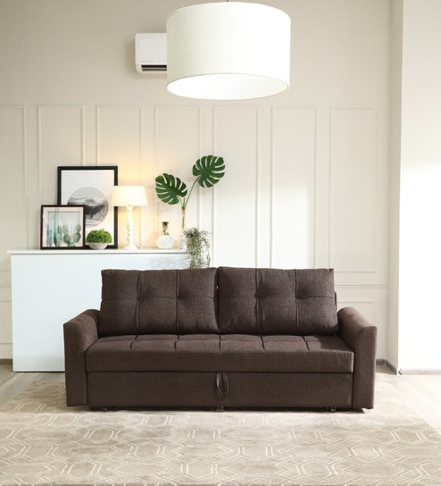 Ines Chenille Fabric Pull Out Sofa Cum Bed In Chestnut Brown Colour With Storage