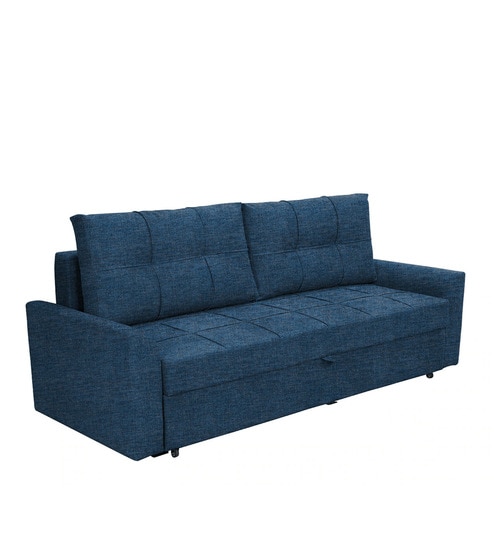 Ines Chenille Fabric Pull Out Sofa Cum Bed In Denim Blue Colour With Storage