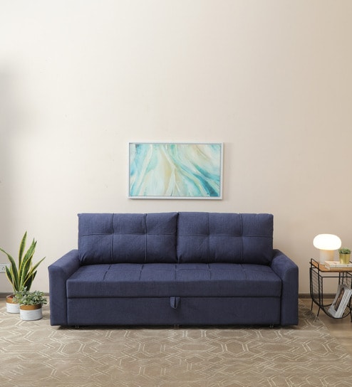 Ines Chenille Fabric Pull Out Sofa Cum Bed In Navy Blue Colour With Storage