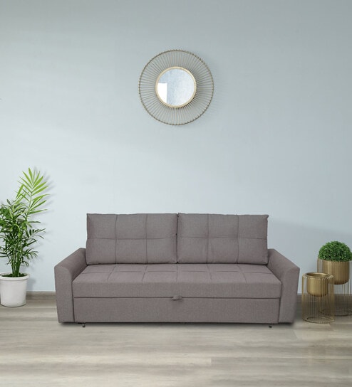 Ines Chenille Fabric Pull Out Sofa Cum Bed In Sandy Brown Colour With Storage