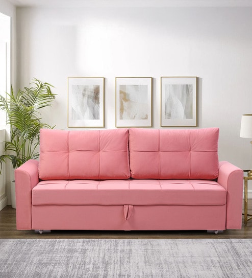 Ines Velvet Fabric Sofa Cum Bed With Storage in Blush Pink Color