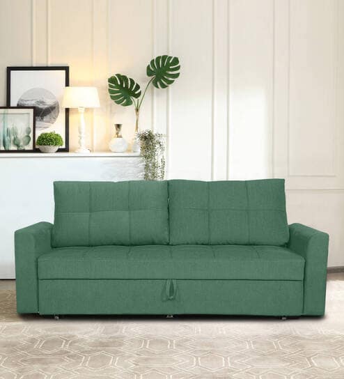 Ines Velvet Pull Out Sofa Cum Bed In Mint Green Colour With Storage