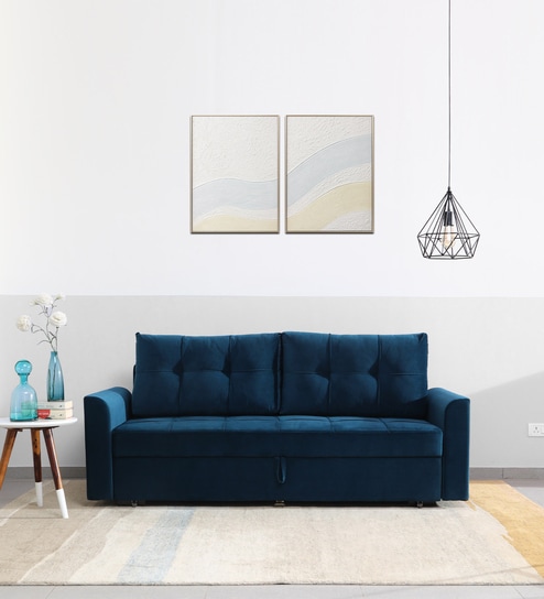 Ines Velvet Pull Out Sofa Cum Bed In Teal Colour With Storage