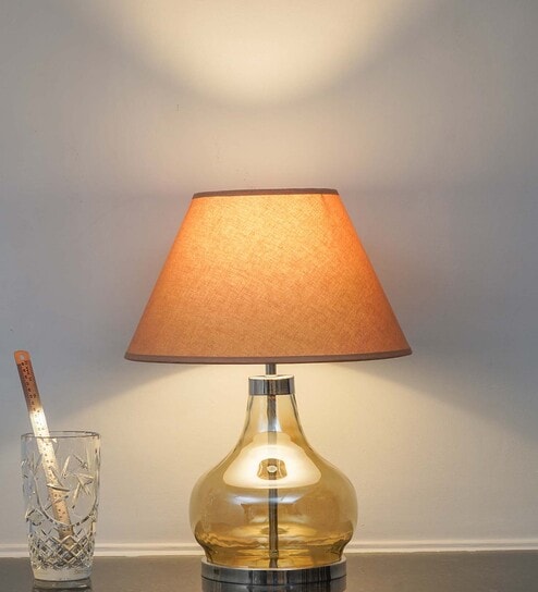 Ingram Smoke Glass And Metal Table Lamp With Beige Cotton Shade